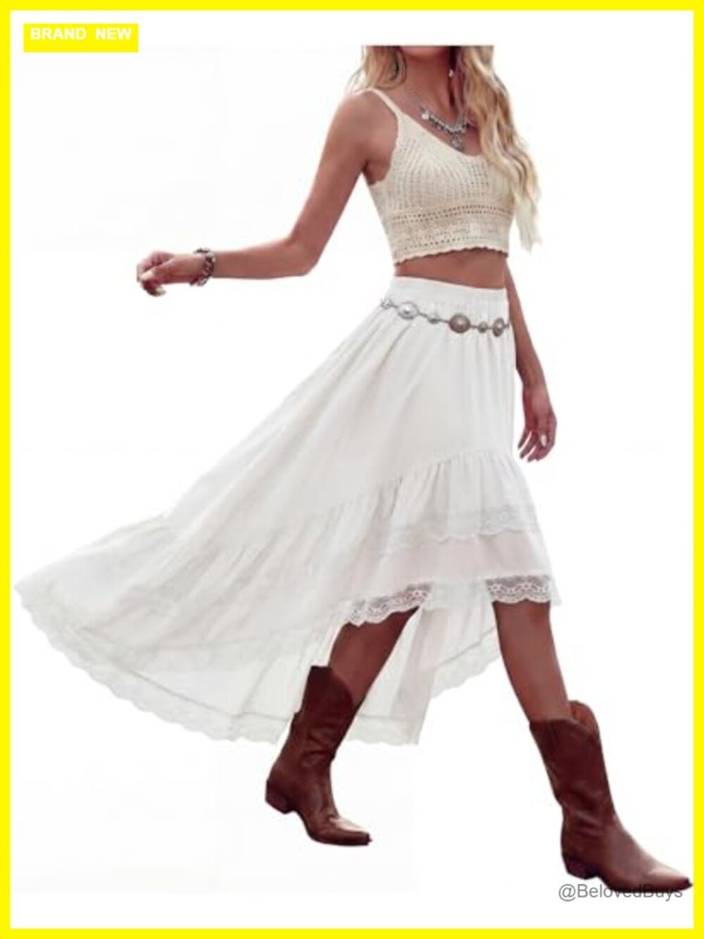 Women's High Low Lace Ruffle Boho Maxi Skirt Elastic Waist Asymmetrical